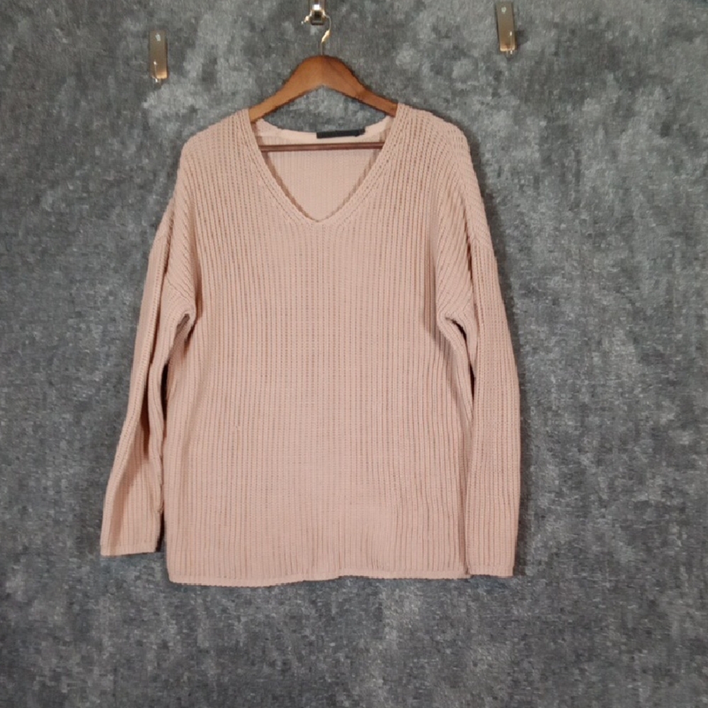 Jenni Kayne V-Neck Ribbed Sweater Organic Cotton Blend Minimalist Size Large